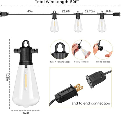 LED Outdoor String Lights, 50 FT Waterproof Patio Lights with 25+2 ST38 Vintage Edison Shatterproof Bulbs, Connectable Dimmable Hanging Lights for Backyard Bistro Cafe Garden Gazebo - Warm White