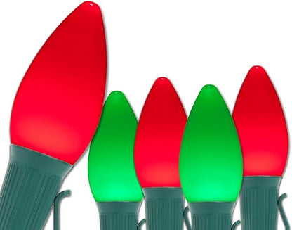 Opticore LED Red & Green Commercial C7 Christmas Lights Vintage Style Smooth Opaque Finish, Heavy Duty 18 Gauge Green Wire for Outdoor Holiday Displays (100 Lights, 100 ft)