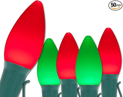 Wintergreen Lighting Opticore LED Smooth/Opaque Commercial C7 Red & Green Christmas Lights Vintage Style, Durable Outdoor Christmas Lights, Green Wire (50 Lights, 50 ft)