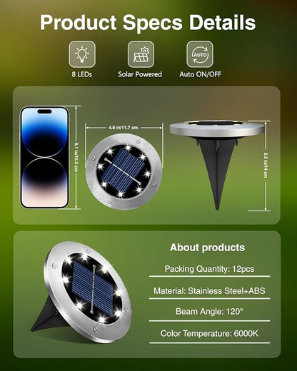 4.6 Inch Solar Ground Lights 12 Pack, Solar Lights Outdoor Waterproof, Solar Garden Lights Outdoor Landscape Lighting for Pathway Walkway Patio Yard Driveway, Cool White