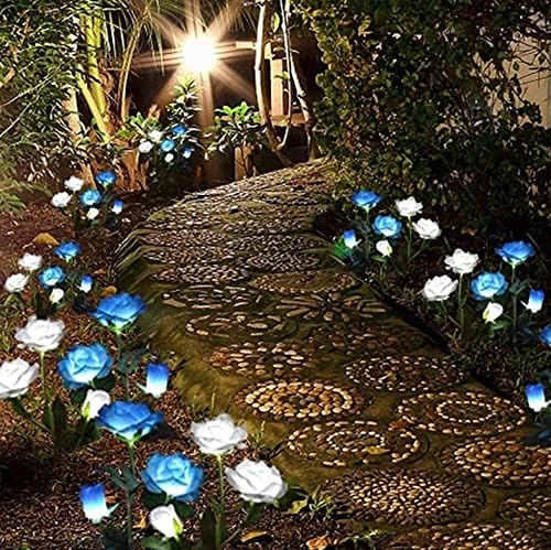 Solar Garden Rose Lights, Decorman 2 Pack Realistic Solar Outdoor Flower Lights Waterproof LED Stake Landscape Decorative Lights with 10 Roses for Garden, Lawn, Yard, Pathway, Patio, Backyard (White)