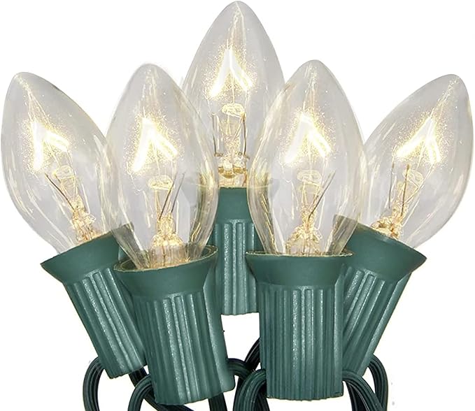 C7 Christmas Lights, 25Ft Outdoor Clear Christmas String Lights with 27 Clear Warm White Incandescent Bulbs, Vintage Christmas Lights for Roofline Patio Christma Cafe Party Decorations, Green Wire
