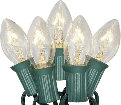 C7 Christmas Lights, 25Ft Outdoor Clear Christmas String Lights with 27 Clear Warm White Incandescent Bulbs, Vintage Christmas Lights for Roofline Patio Christma Cafe Party Decorations, Green Wire