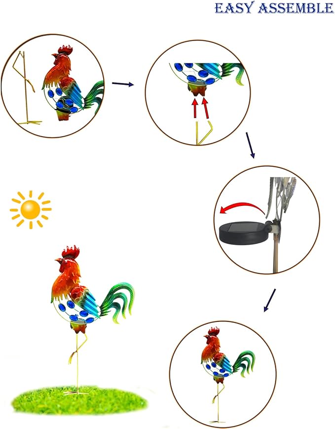 GDF 20" Chicken Decor - Outdoor Rooster Decor Solar Lights -Metal Rooster Garden Decorations for Yard Pathway Lawn Patio Courtyard for Her/Him (Updated)