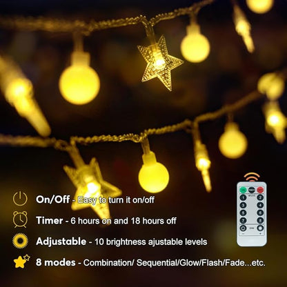 50 Stars & 50 Globes String Lights for Wedding, Party, Holiday Decor - 100 LED, 49.2ft, Remote Control, 8 Modes, IP44 Waterproof, Linkable Plug in Lights for Indoor Outdoor, Backyard, Celebration
