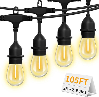 Outdoor String Lights 105FT Patio Lights with 33+2 LED S14 Shatterproof Edison Bulbs, Patio String Lights for Bistro,Cafe,Garden, Backyard,Porch,Pergola,Bistro