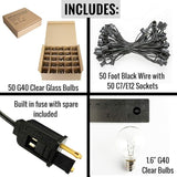 Hometown Evolution, Inc. 50 Foot Globe String Lights - Set of 50 G40 Clear Bulbs - Black Wire (+ 2 Free Spares) for | Lumora
