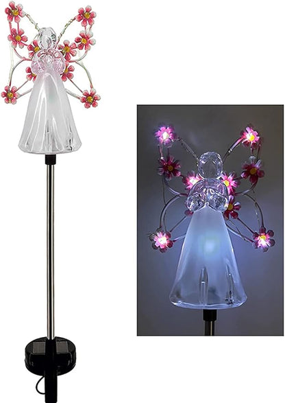 Solar Garden Lights 2pcs Fairy Garden Ornaments Outdoor Solar Pathway Lights, Flower Fairy Resin Figurine Lamp for Courtyard Lawn, Commemorate Gift (Color : Pink)