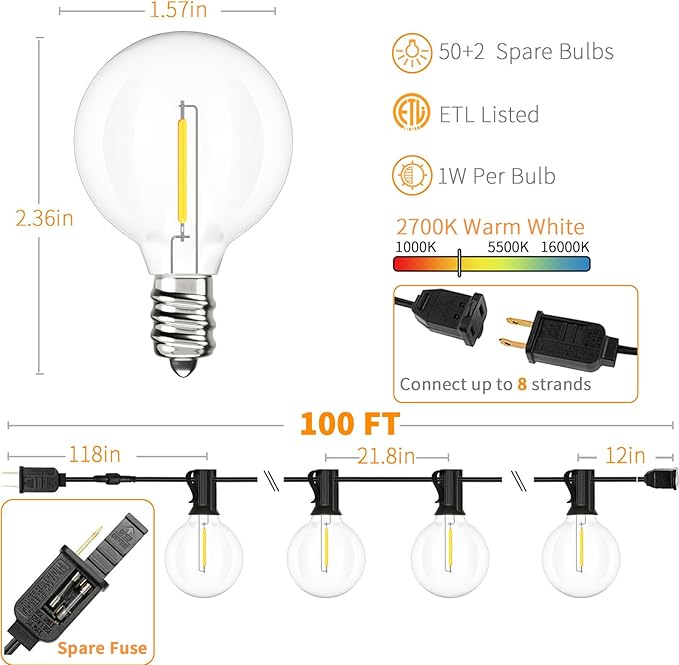 Svater Outdoor String Lights 100FT with 50 Pack Replacement Bulbs | Lumora