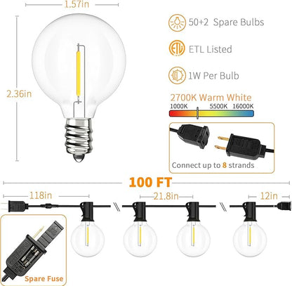 Svater Outdoor String Lights 100FT with 50 Pack Replacement Bulbs