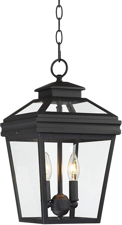 John Timberland Stratton Street Rustic Farmhouse Outdoor Hanging Ceiling Light Fixture Textured Black Lantern 2-Light 16 1/2" Clear Glass Exterior Barn Deck House Porch Yard Patio Outside Garage