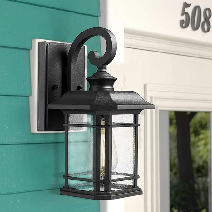 Emliviar Outdoor Wall Lanterns 2 Pack, 1-Light Exterior Wall Mount Light, Black Finish with Clear Seedy Glass | Lumora