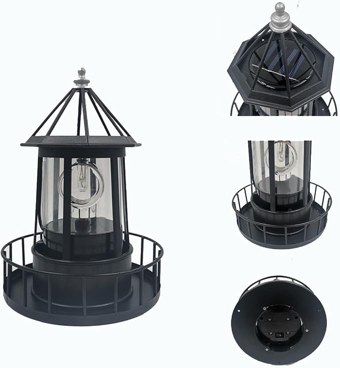 HAKUNA LED Solar Powered Lighthouse, 360 Degree Rotating Lamp Courtyard Decoration IP65 Waterproof Durable Rotatable Outdoor Solar Light Lamp Hanging for Home Garden Yard Décor