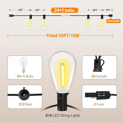 50FT Outdoor String Lights for Outside Patio Lights with 24+1 Shatterproof S14 E12 LED Bulb, 2700K Outside Hanging Light Waterproof for Parties Porch Garden Fences Backyard