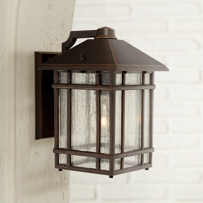 Kathy Ireland Sierra Craftsman Art Deco Outdoor Wall Light Fixture Rubbed Bronze Brown Steel 11" Frosted Seeded | Lumora