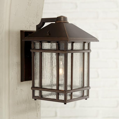 Kathy Ireland Sierra Craftsman Art Deco Outdoor Wall Light Fixture Rubbed Bronze Brown Steel 11" Frosted Seeded Glass Panels for Exterior House Porch Patio Outside Deck Garage Front Door Home
