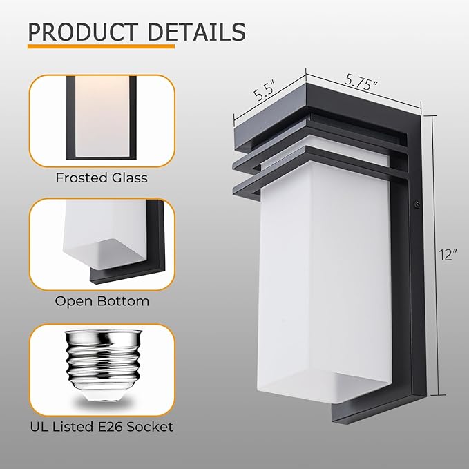 Modern Outdoor Wall Lights Fixtures Set of 2, Front Porch Sconce Lighting Wall Mount, Exterior Wall Lamps with White Frosted Glass for Patio, House, Commercial Use, E26 Base
