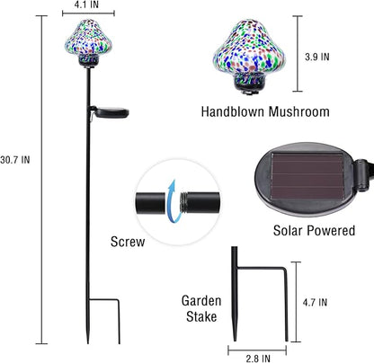 Bshine Mushroom Solar Outdoor Lights, Mosaic Mushroom Lamp Hand-Blown Glass Waterproof Metal Stakes Decorate Garden, Outdoor Yard Decor Backyard, Pathway, Porch and Lawn Ornaments 2 Pack