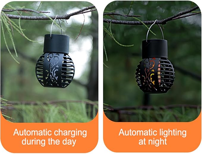 Solar Outdoor Lights Simulation Flame Chandelier Decorative Hanging LED Round Ball Lights 2 Pack Solar Garden Lights Waterproof Solar Powered Ball Lights for Camping Yard Patio Fence Tree Decoration