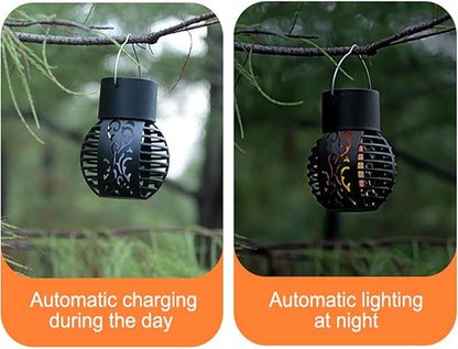 Solar Outdoor Lights Simulation Flame Chandelier Decorative Hanging LED Round Ball Lights 2 Pack Solar Garden Lights Waterproof Solar Powered Ball Lights for Camping Yard Patio Fence Tree Decoration