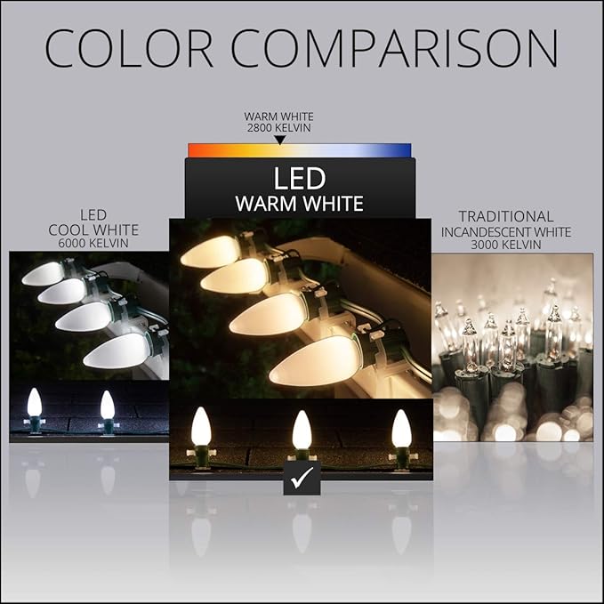 C9 OptiCore LED Commercial Outdoor Christmas Lights – Heavy Duty Christmas String Lights; Wedding Christmas Lights; White Wire (50 Lights, 50 Ft, Warm White Smooth/Opaque)