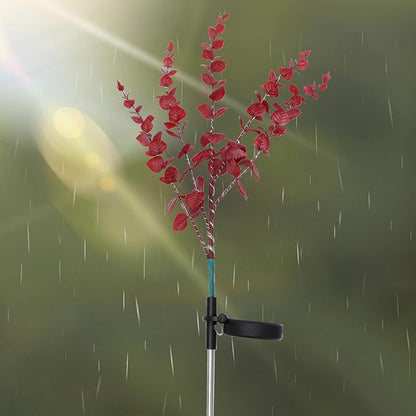 Solar Powered Outdoor Landscape Pathway Light Red Eucalyptus Leaf Design, Solar Garden Lamp for Patio and Lawn Decoration, Weatherproof Lawn Stake Light