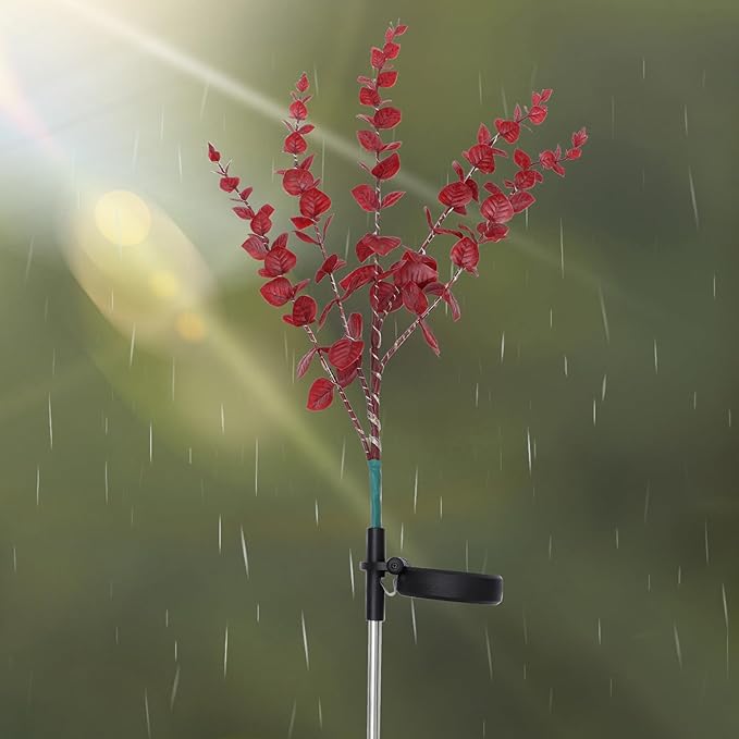Solar Pathway Light Flower Shape Outdoor Garden Lamp Solar-Powered Landscape Decorative Lawn Courtyard Lighting Dark Red Eucalyptus Leaf Design