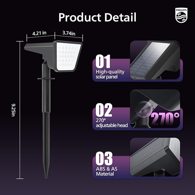 Philips 4 Packs Solar RGBW Spot Lights Outdoor, 18 LED Solar Powered Landscape Lights, 9 Lighting Modes | Lumora