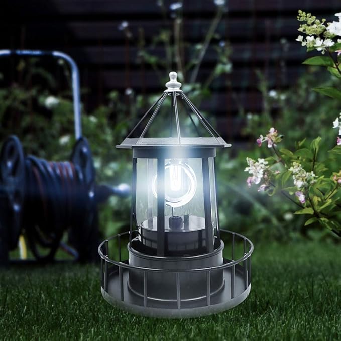 Hyuduo LED Solar Rotating Lighthouse Light Pillar Lights Solar Garden Lights Outdoor Garden Decoration Lantern for Column Lamp Lawn Light Wall Headlight