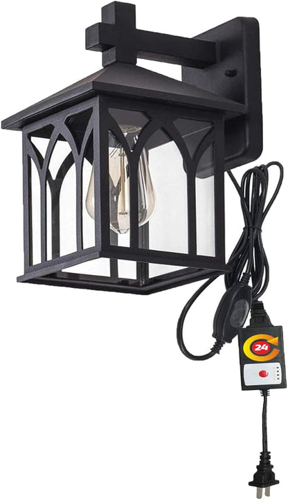 Kiven 1-Light Outdoor -Indoor Plug-in Wall Mount Lantern Downward Fixture with Timing Traditional Desigh Black Finish,Clear Glass Shade Timing Wall Lamp Waterproof Wall Sconce