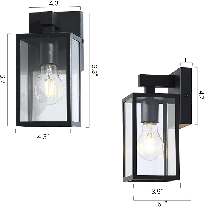 LALUZ Black Outdoor Wall Lights 2 Pack, 9.3'' Modern Farmhouse Rectangle Porch Lights Outdoor Wall with Clear Glass Set of 2, Waterproof Anti-Rust Exterior Outside Wall Sconces Lighting Light Fixtures