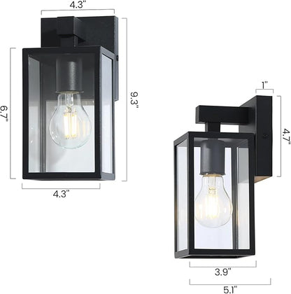 LALUZ Black Outdoor Wall Lights 2 Pack, 9.3'' Modern Farmhouse Rectangle Porch Lights Outdoor Wall with Clear Glass Set of 2, Waterproof Anti-Rust Exterior Outside Wall Sconces Lighting Light Fixtures