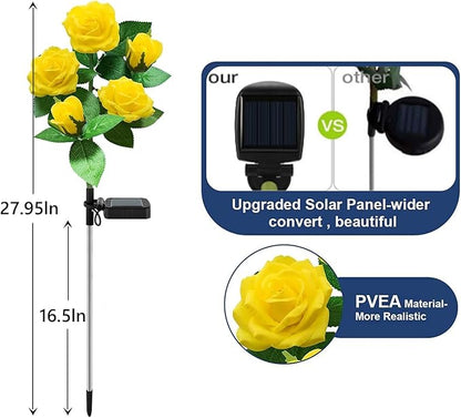 Solar Flower Lights Outdoor, LED Solar Powered Light with 5 Rose Flowers, Waterproof Decorative Garden Stake Lights for Patio Pathway Yard (Yellow, 1 Pack)