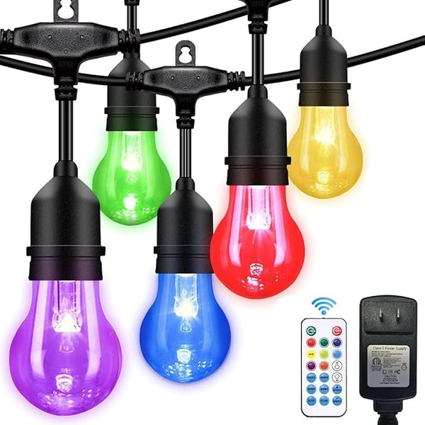 105FT Solar Outdoor String Lights, 32 Shatterproof E26 Edison LED Bulbs, Dimmable RGB Color Changing Patio Lights | Lumora