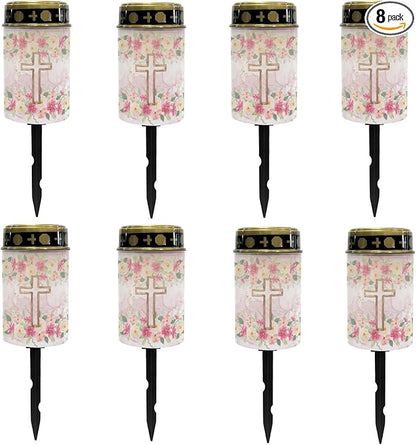 Cross Floral Solar Lights Outdoor Solar Garden Stake Lights Landscape Lighting for Yard Patio Cemetery Decoration for Grave,Flameless Warm White Lights Solar Powered Lights for Outside,Pink