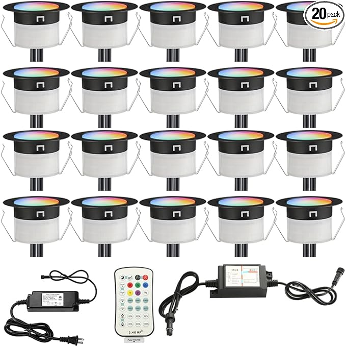 Sumaote LED Deck Lights Kit RGBW 20pcs Φ1.22 Low Voltage Recessed Deck Lamp In-ground Lights Waterproof Outdoor Yard Path Stairs Steps Landscape Decor, Multicolor & Warm White Lighting, Black Shell