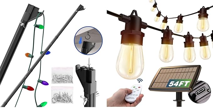 addlon 54(48+6) FT Solar String Lights and Telescopic Extension Pole