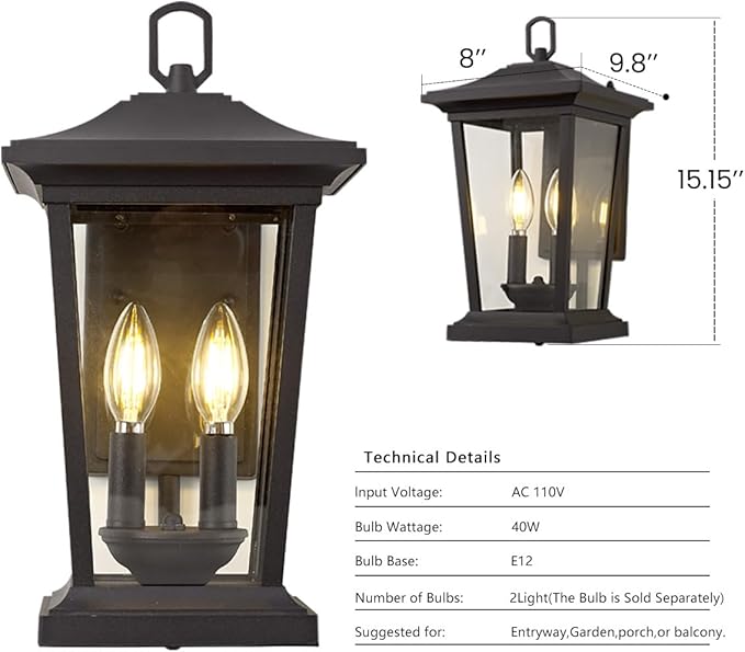 Outdoor Wall Lantern, Large Exterior Waterproof Wall Sconce Light Fixture, Black Anti-Rust Outside Porch Sconce | Lumora