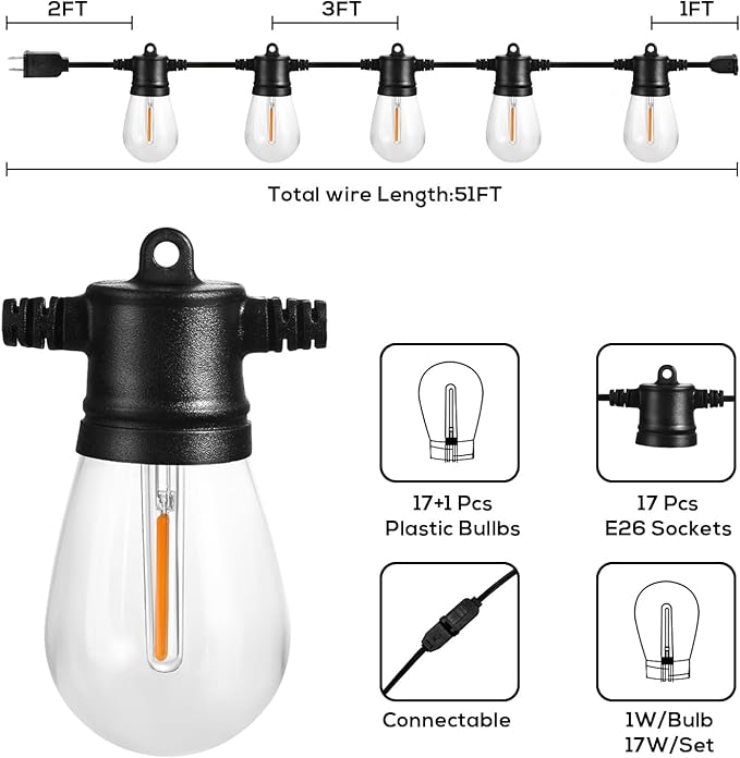 Banord 51FT Outdoor String Lights, Waterproof Patio Lights with 18 Shatterproof LED Bulb Hanging Light String | Lumora