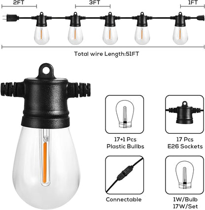 Banord 51FT Outdoor String Lights, Waterproof Patio Lights with 18 Shatterproof LED Bulb Hanging Light String, Black String Light Outdoor for Backyard, Garden, Porch, Cafe, Deck, Wedding, Party