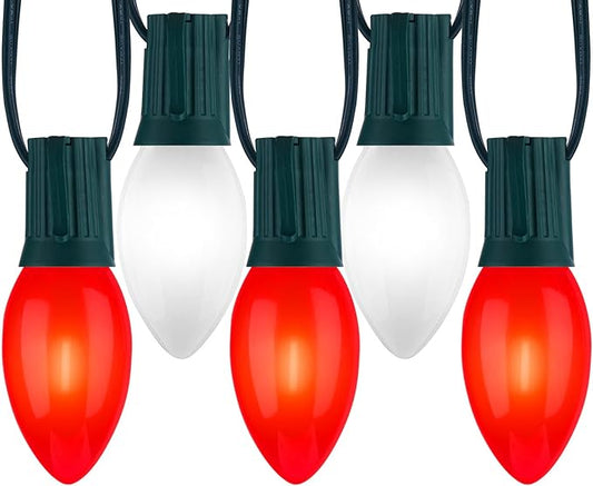 C9 LED Christmas Lights Outdoor, 100 Feet C9 String Lights with 100 Shatterproof Matte Bulbs, Connectable Waterproof Christmas Tree Lights for Holiday Roofline Backyard Garden Decor, Red & Pure White