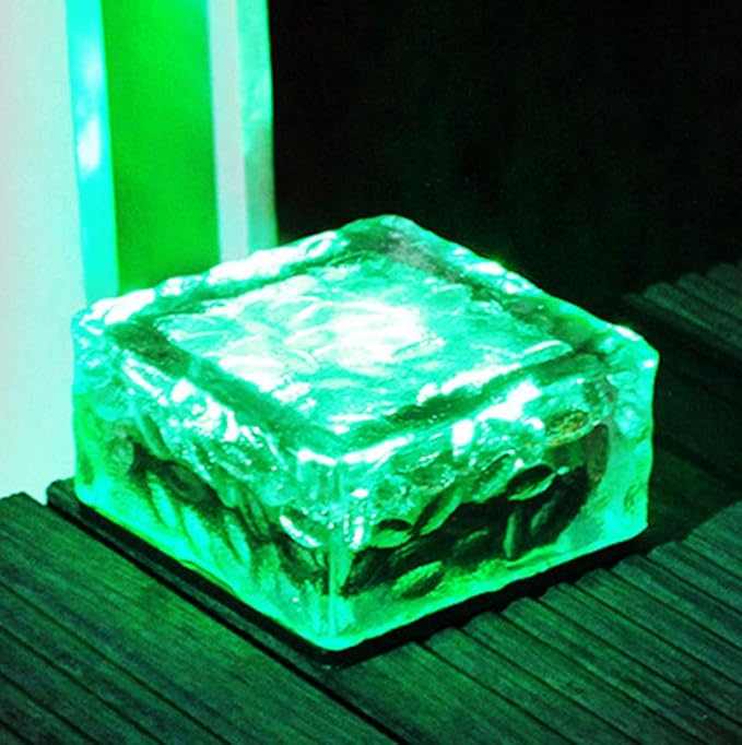 Solar Glass Brick Lights, LED Brick Lights for Garden Landscape Path, Ice Cube Rocks Solar Lamp,Green