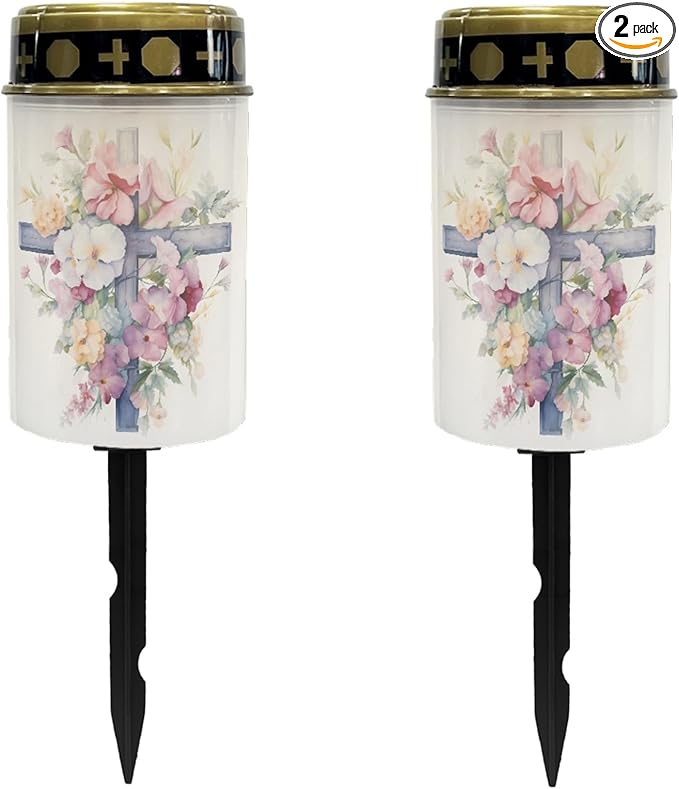 Cemetery Solar Lights for Grave,Cross Floral Pink Garden Solar Lights Waterproof Solar Powered Stake Lights Pathway Lights Outdoor Flameless Warm White Lantern Yard Spotlights LED Lantern