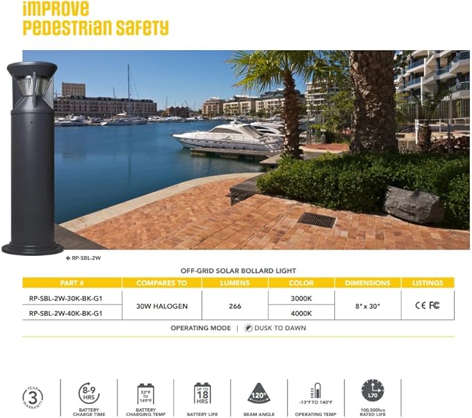 KASTLITE Dusk to Dawn Solar LED Bollard Light - 2W, 3000K Warm White Light, 266 Lumens, All-in-One Design, 18 Hour Run Time, Replaceable LiFePO4 Battery, for Pathways and Walkways