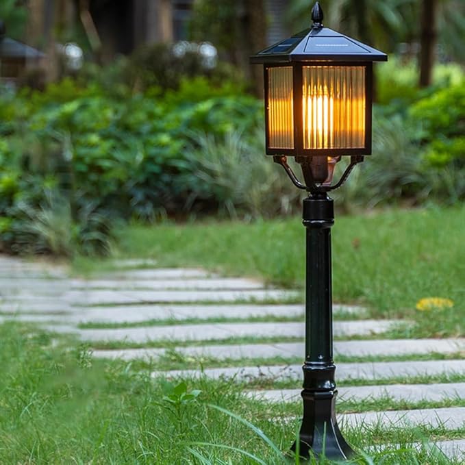 Solar Pathway Light Vintage Square Landscape Path Light Black Aluminum Bollard Lantern Solar Waterproof LED Bollard Lighting Fixture for Courtyard Garden Lawn Porch Patio