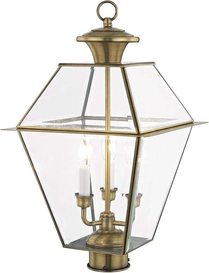 Livex Lighting Lantern 2384-01 Westover 3-Light Outdoor Post Head, Antique Brass | Lumora