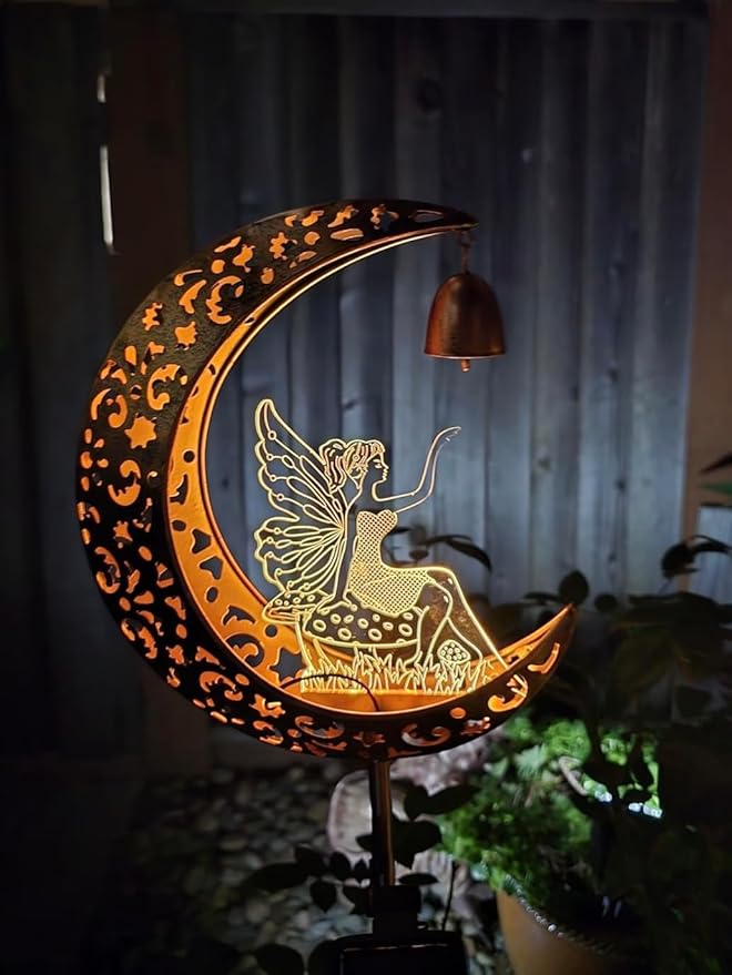 Solar Fairy Moon Figurine Light, Waterproof Garden Stakes Decor Outdoor Yard Decorations for Lawn, Patio,Yard, Pathway,Housewarming Ornament Gifts Ideas for Gardening Mom Grandma