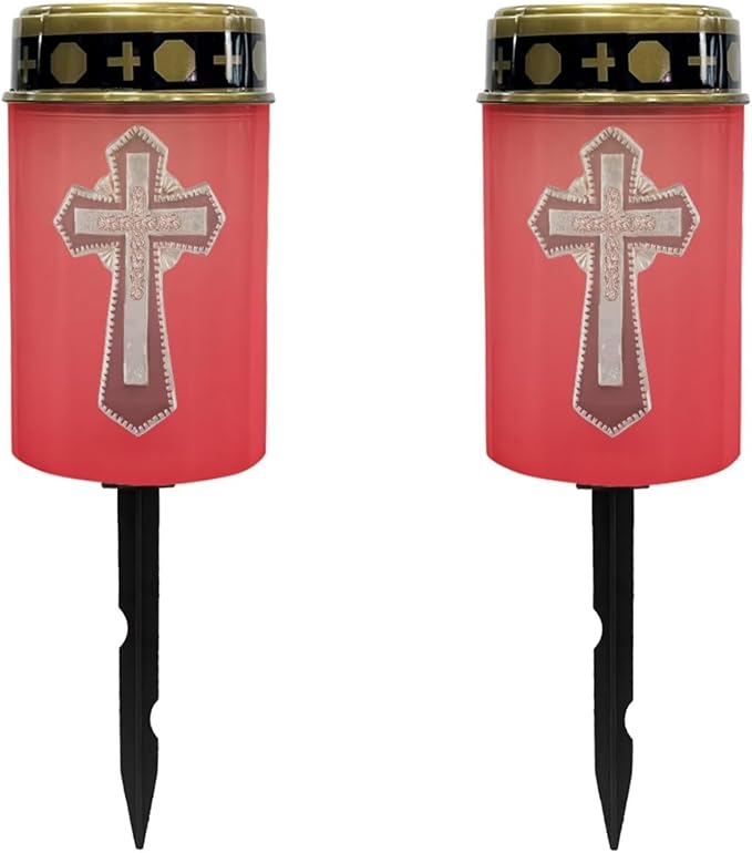 Red Solar Cross for Cemetery Grave Decorative Solar Lights Waterproof Outdoor Solar Cemetery Lights for Grave Set of 2 Solar Powered Cemetery Solar Lights for Prayer Decor Candle Lamp