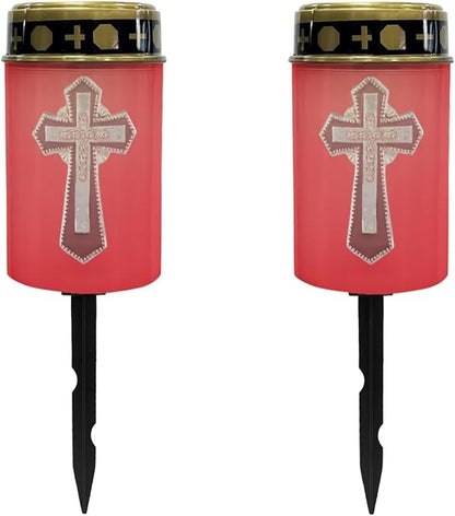 Red Solar Cross for Cemetery Grave Decorative Solar Lights Waterproof Outdoor Solar Cemetery Lights for Grave Set of 2 Solar Powered Cemetery Solar Lights for Prayer Decor Candle Lamp