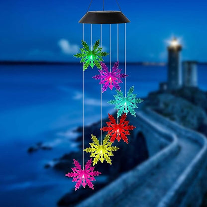 Outdoor Waterproof Solar Snowflake Wind Chime Light 6 LEDs Colorful Snowflake Garden Decorative Light for Walkway Patio Yard Hanging Solar Lights